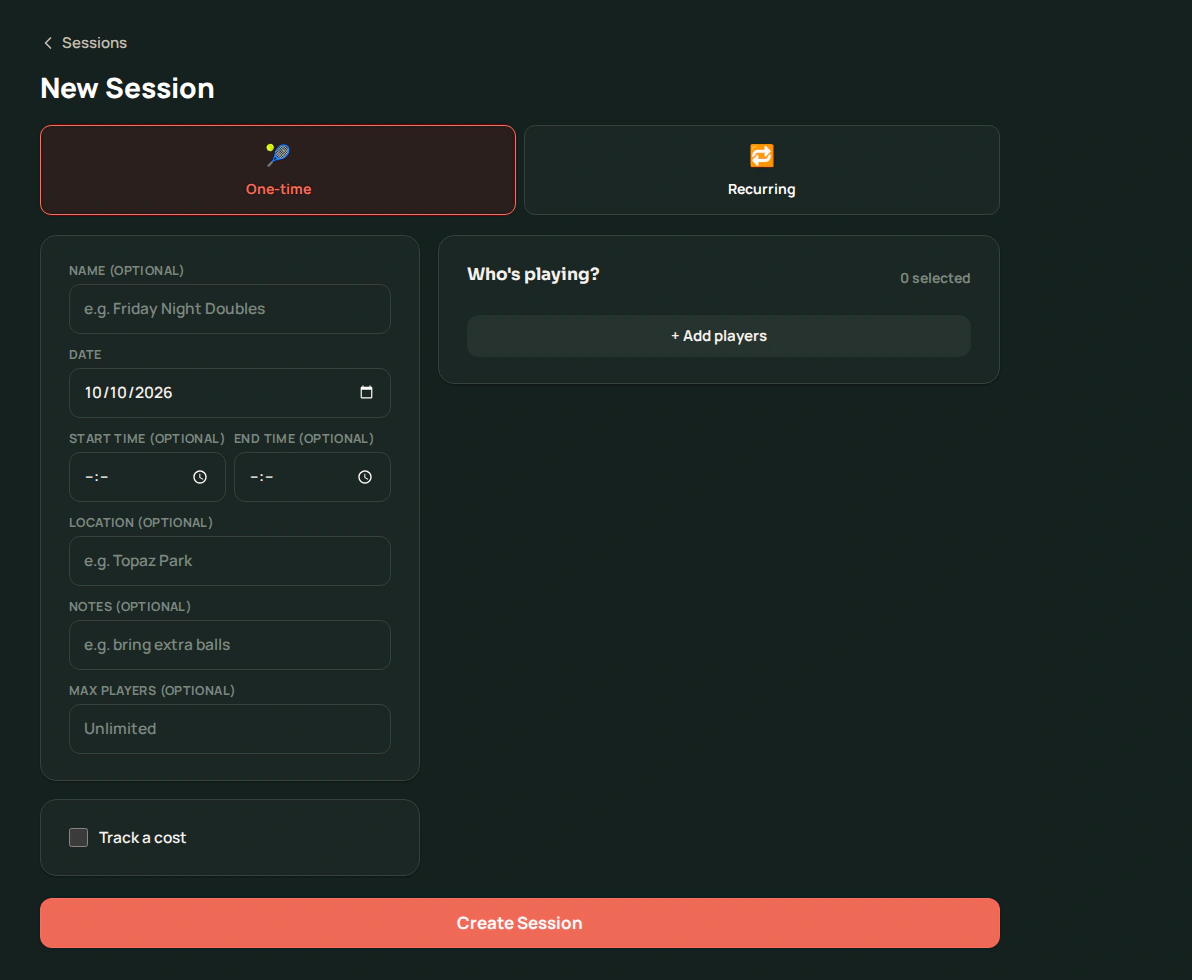 Volii's New Session form showing the One-time/Recurring toggle and session details fields.
