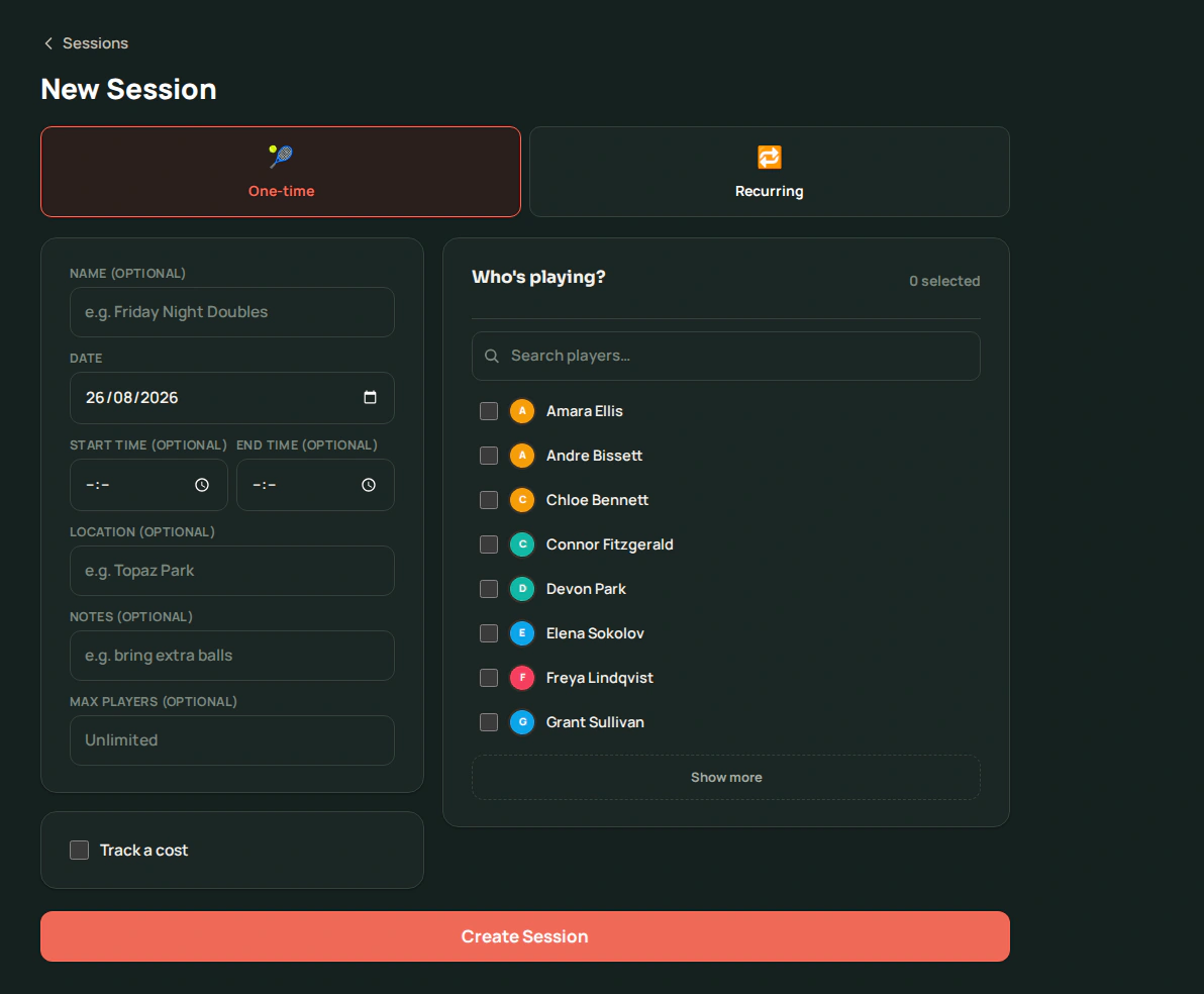 Volii's New Session form showing the One-time/Recurring toggle and session details fields.
