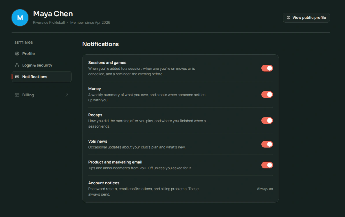 Volii's notification settings showing four switches: sessions and games, money, recaps and club news, each describing exactly which messages it controls.