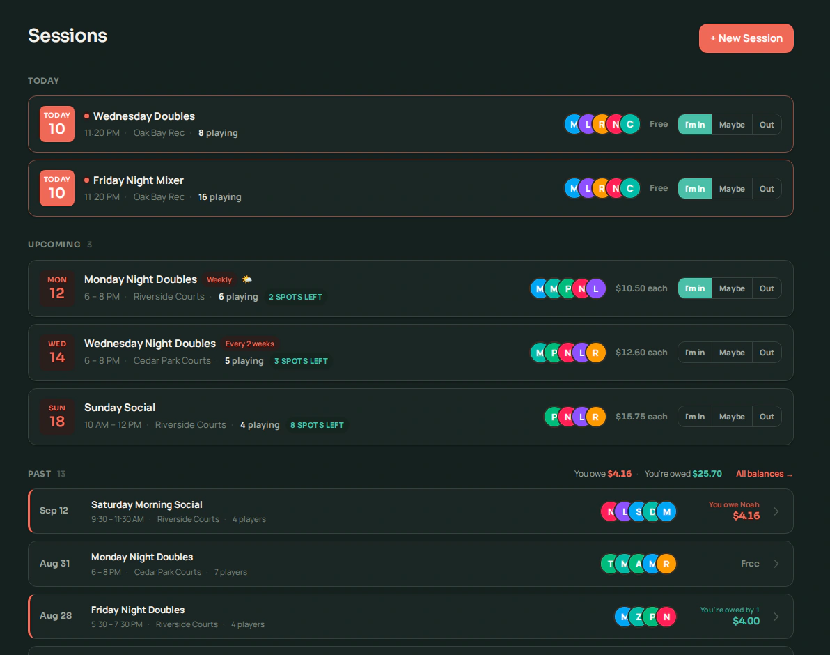 Volii's Sessions page showing three upcoming sessions with Weekly and Every 2 weeks badges, start times, venues, player avatars and the per-person cost, above a list of past sessions and what each one settled to.